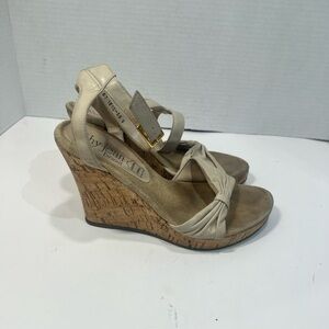 Cathy Jean Cream Twisted Strap Cork Wedge Sandals